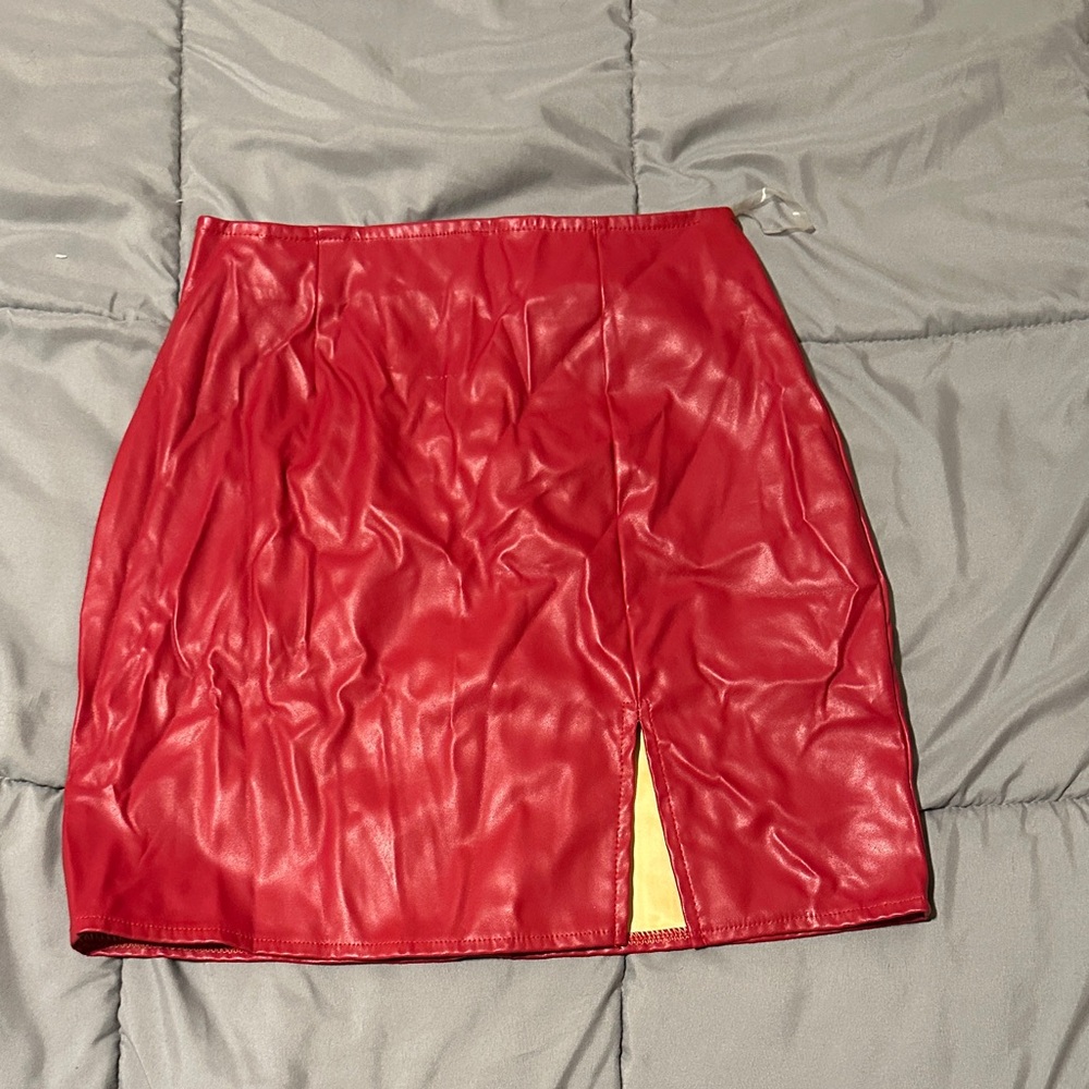 Windsor Red Faux Leather Mini Skirt with Side Slit